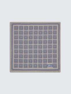 Beige and light blue motif silk pocket square