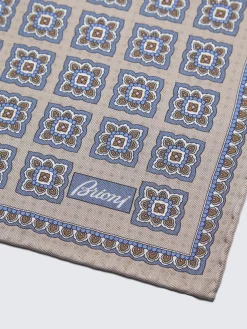 Beige and light blue motif silk pocket square