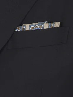 Beige and light blue motif silk pocket square