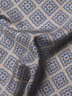 Beige and light blue motif silk pocket square