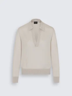 Beige cashmere and silk long-sleeved polo