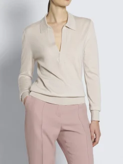 Beige cashmere and silk long-sleeved polo