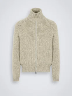 Beige cashmere mouliné full-zip sweater