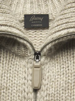 Beige cashmere mouliné full-zip sweater