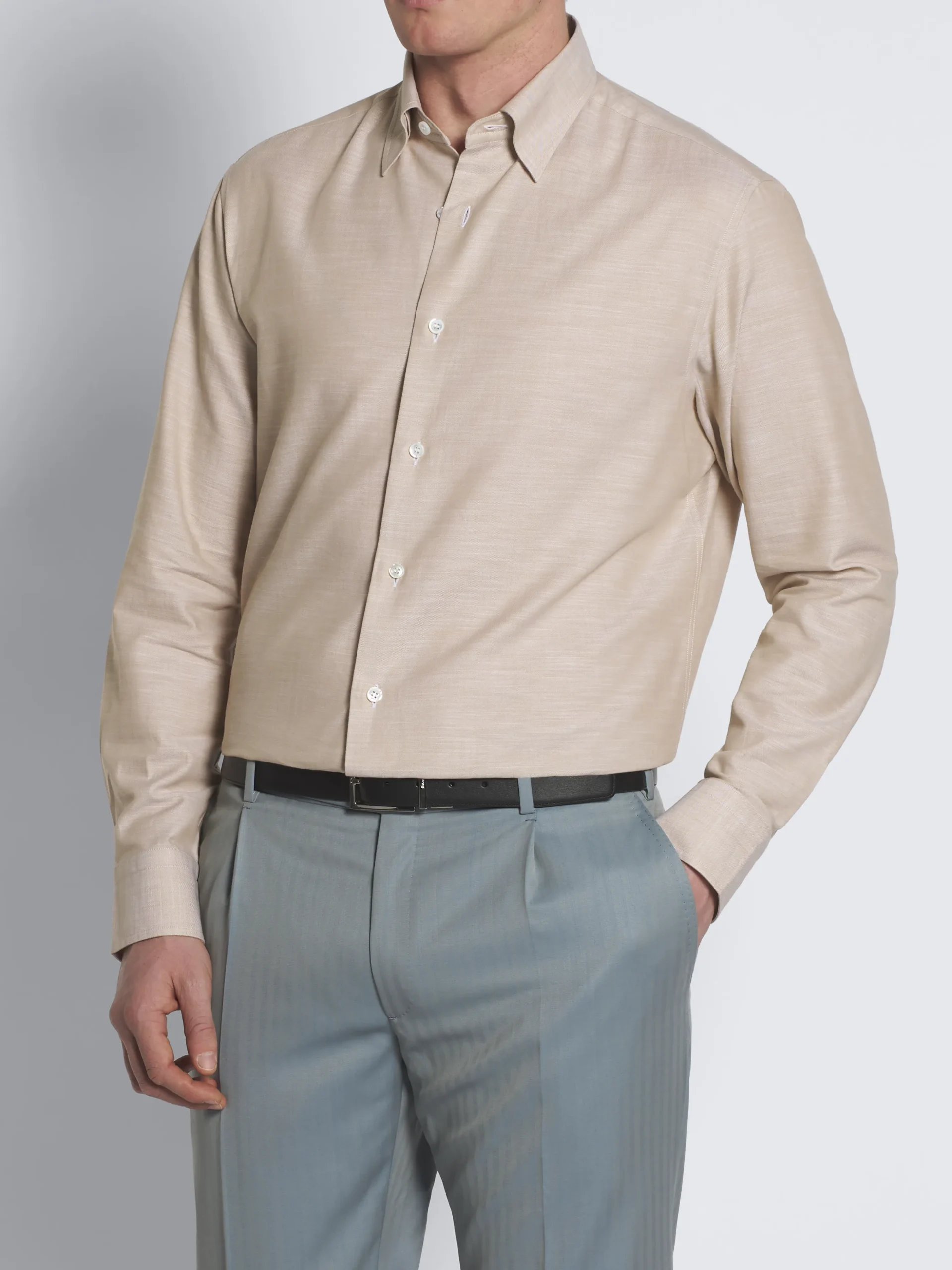 Beige cotton hidden button-down shirt