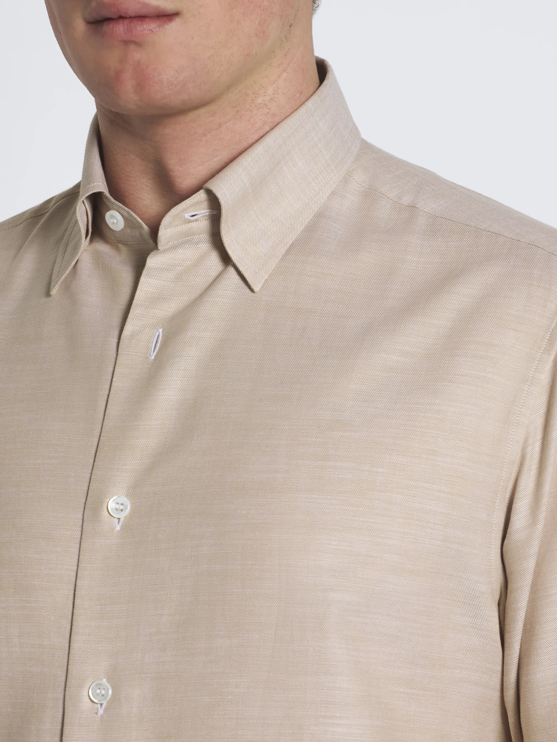 Beige cotton hidden button-down shirt