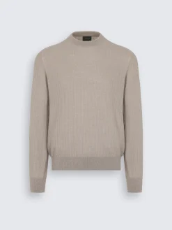 Beige jacquard cashmere and silk crewneck sweater