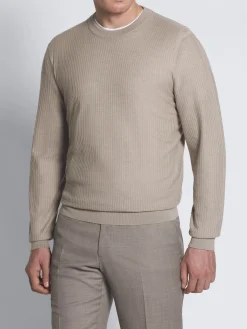 Beige jacquard cashmere and silk crewneck sweater