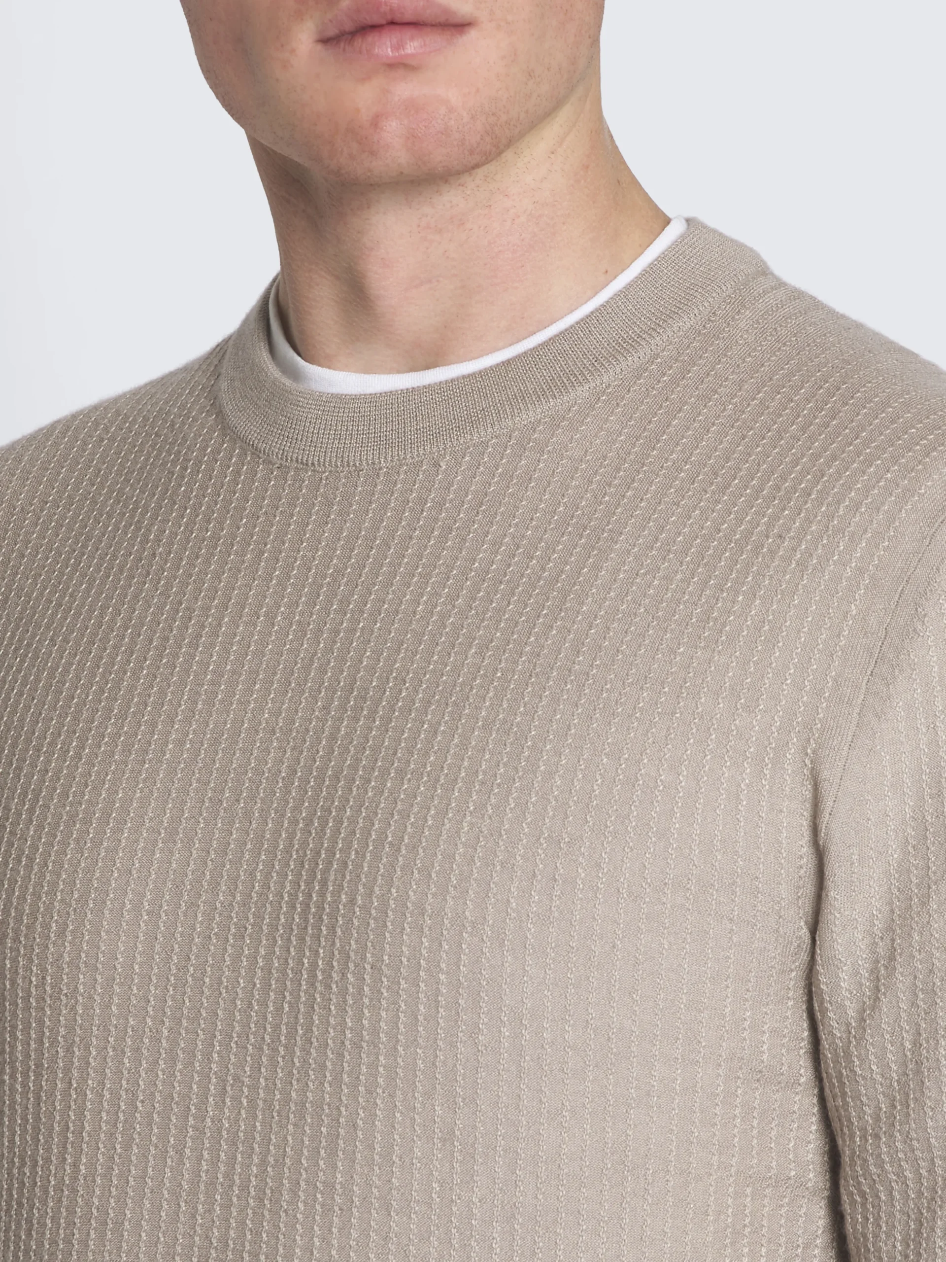 Beige jacquard cashmere and silk crewneck sweater