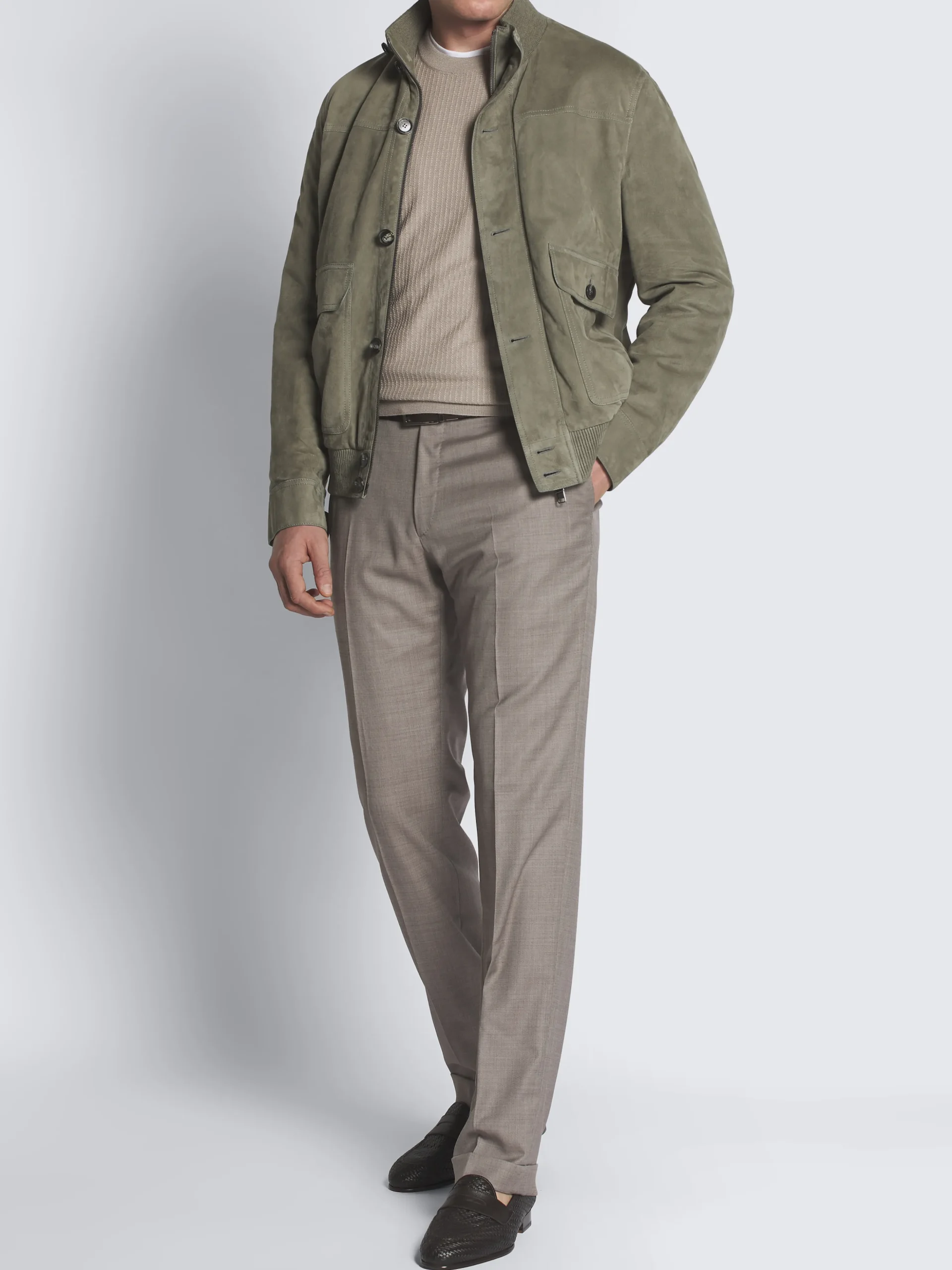 Beige jacquard cashmere and silk crewneck sweater