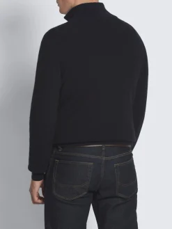 Black and navy blue cashmere and wool half-zip mockneck sweater