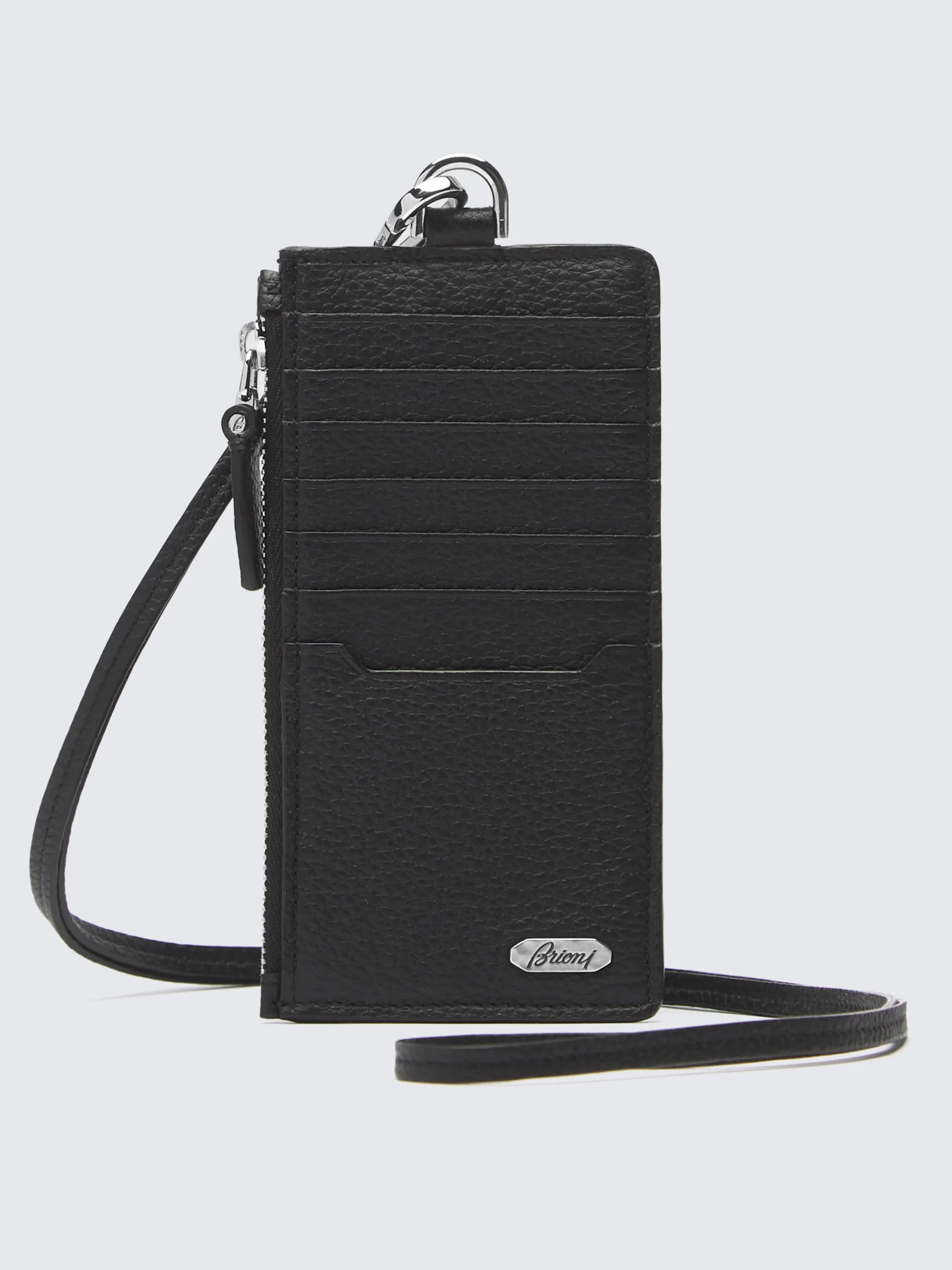 Black and taupe grained leather card holder with zip
