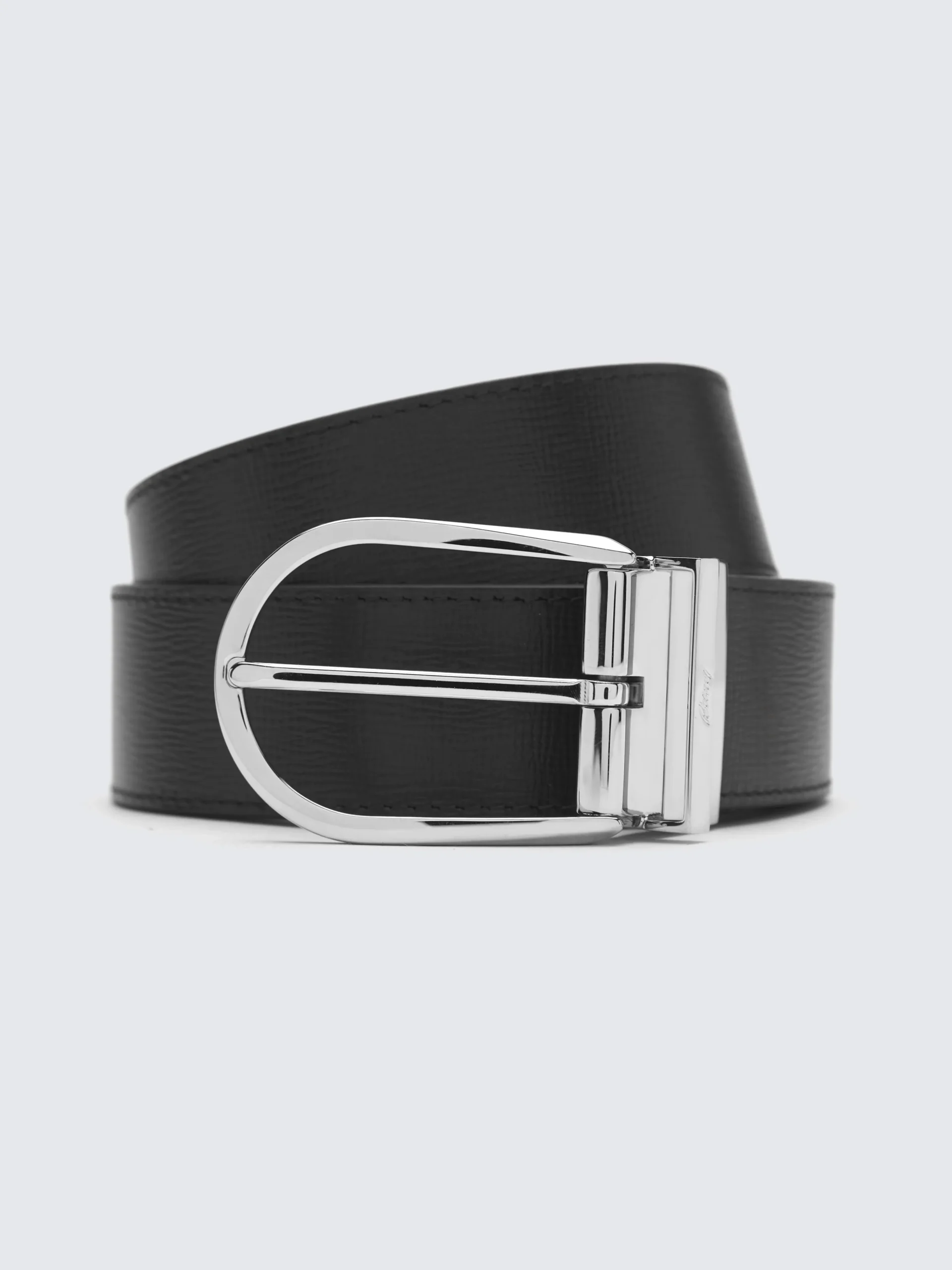 Black calf and grained leather reversible belt