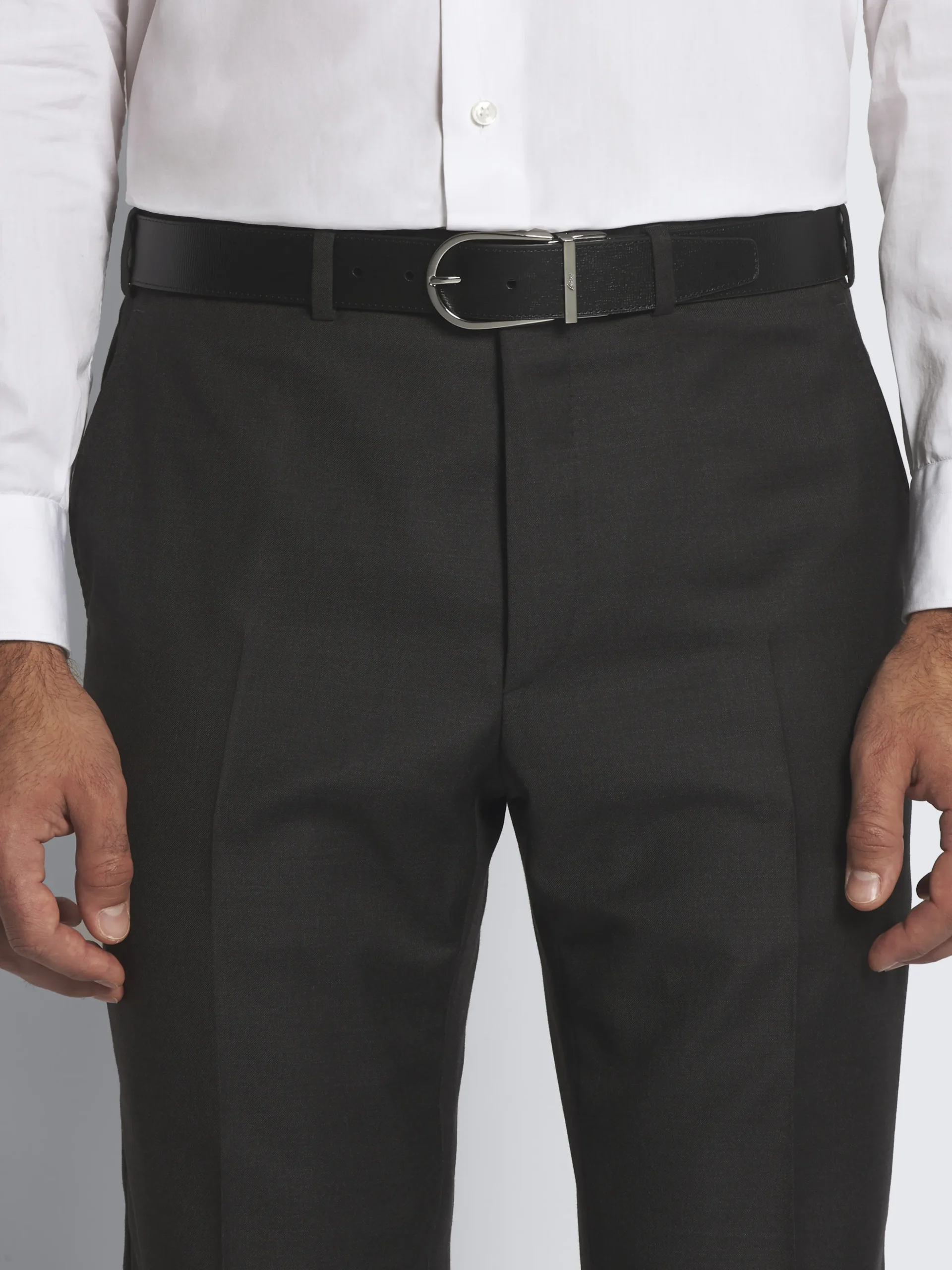 Black calf and grained leather reversible belt