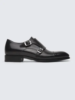 Black calf leather double monk Milano shoes