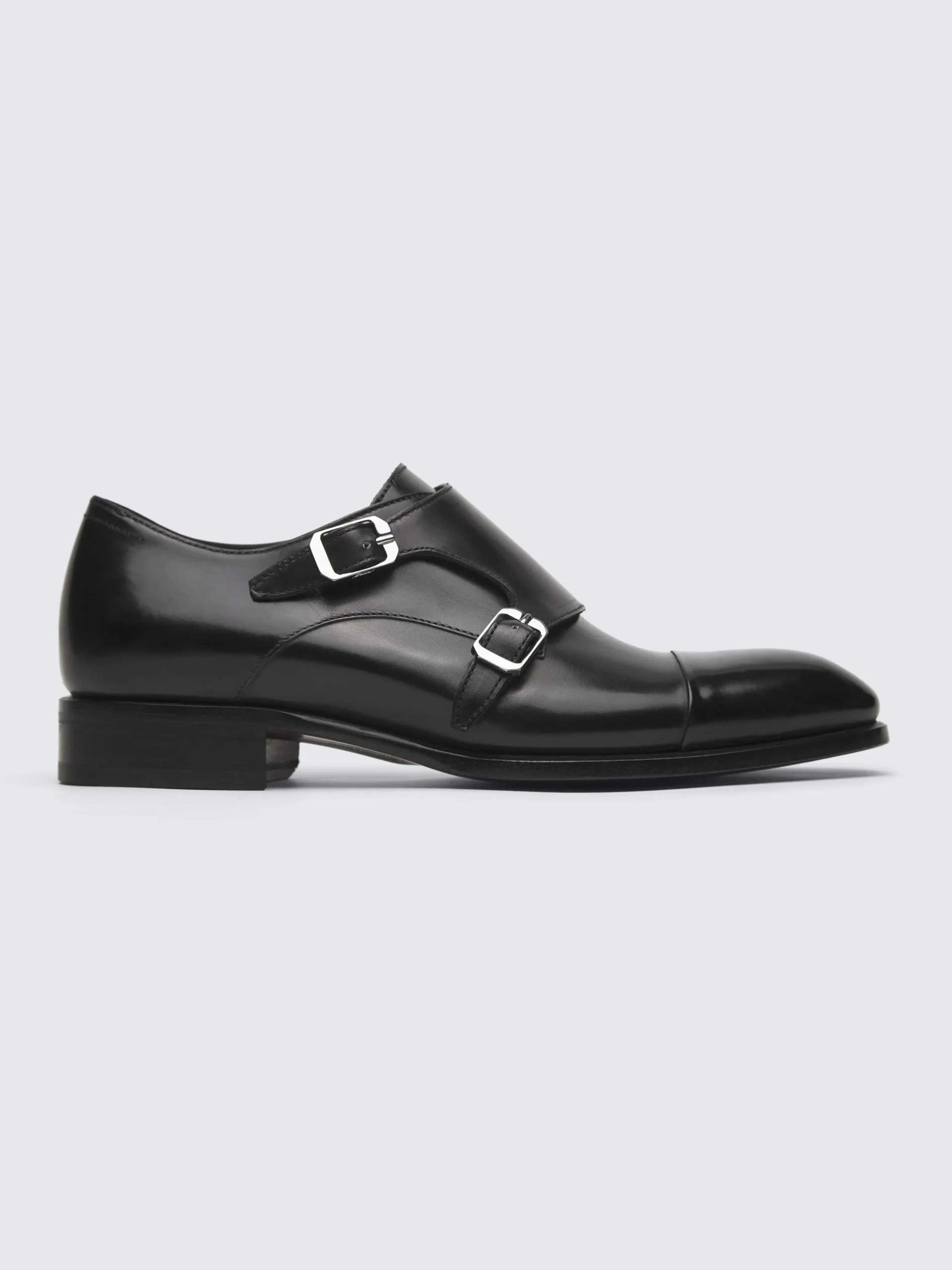 Black calf leather double monk Milano shoes