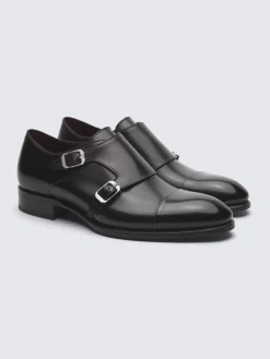 Black calf leather double monk Milano shoes