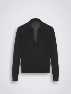 Black cashmere and silk long-sleeved V-neck polo
