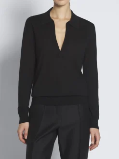 Black cashmere and silk long-sleeved V-neck polo