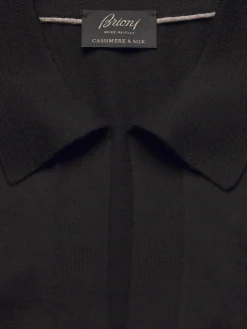 Black cashmere and silk long-sleeved V-neck polo
