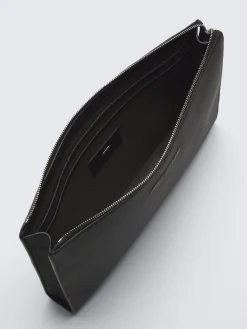 Black grained calf leather hand pouch