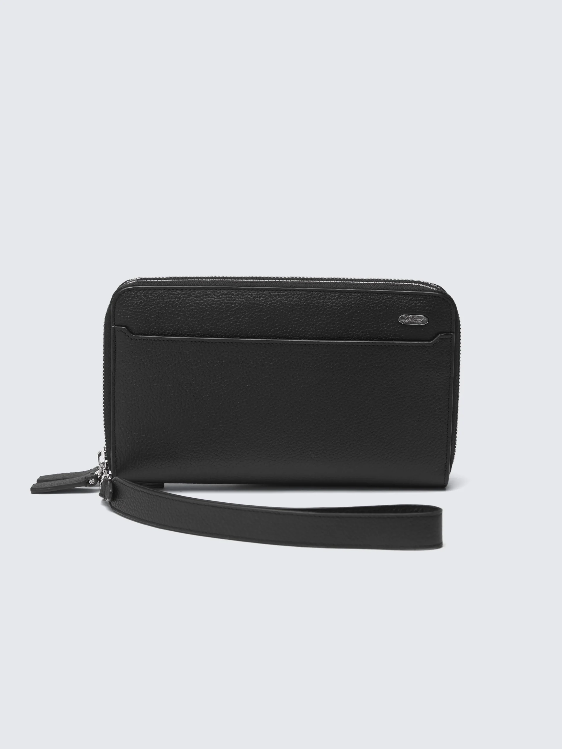 Black grained leather double zip wallet