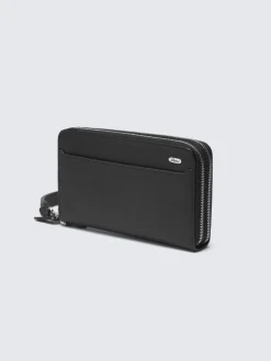 Black grained leather double zip wallet
