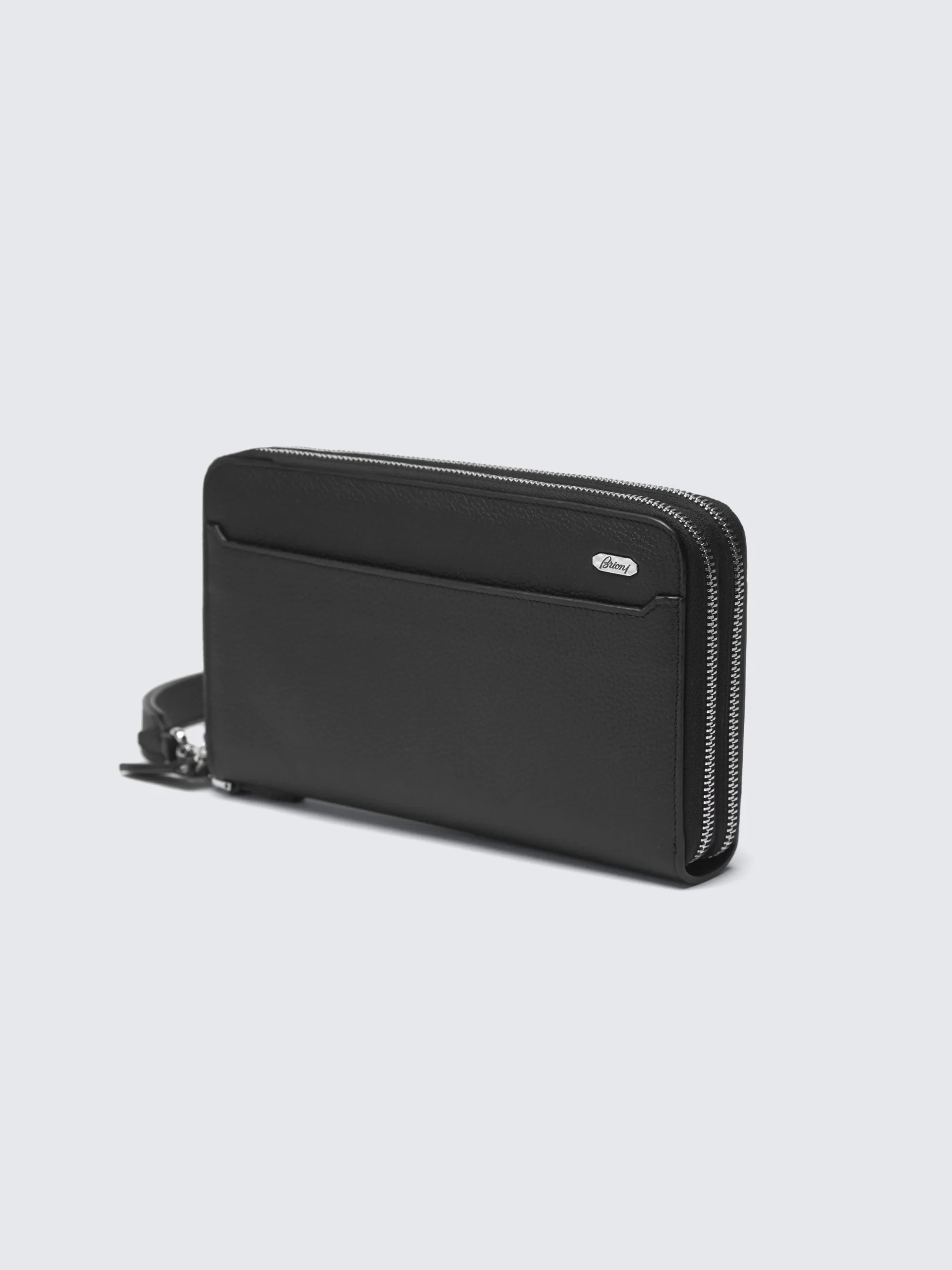 Black grained leather double zip wallet