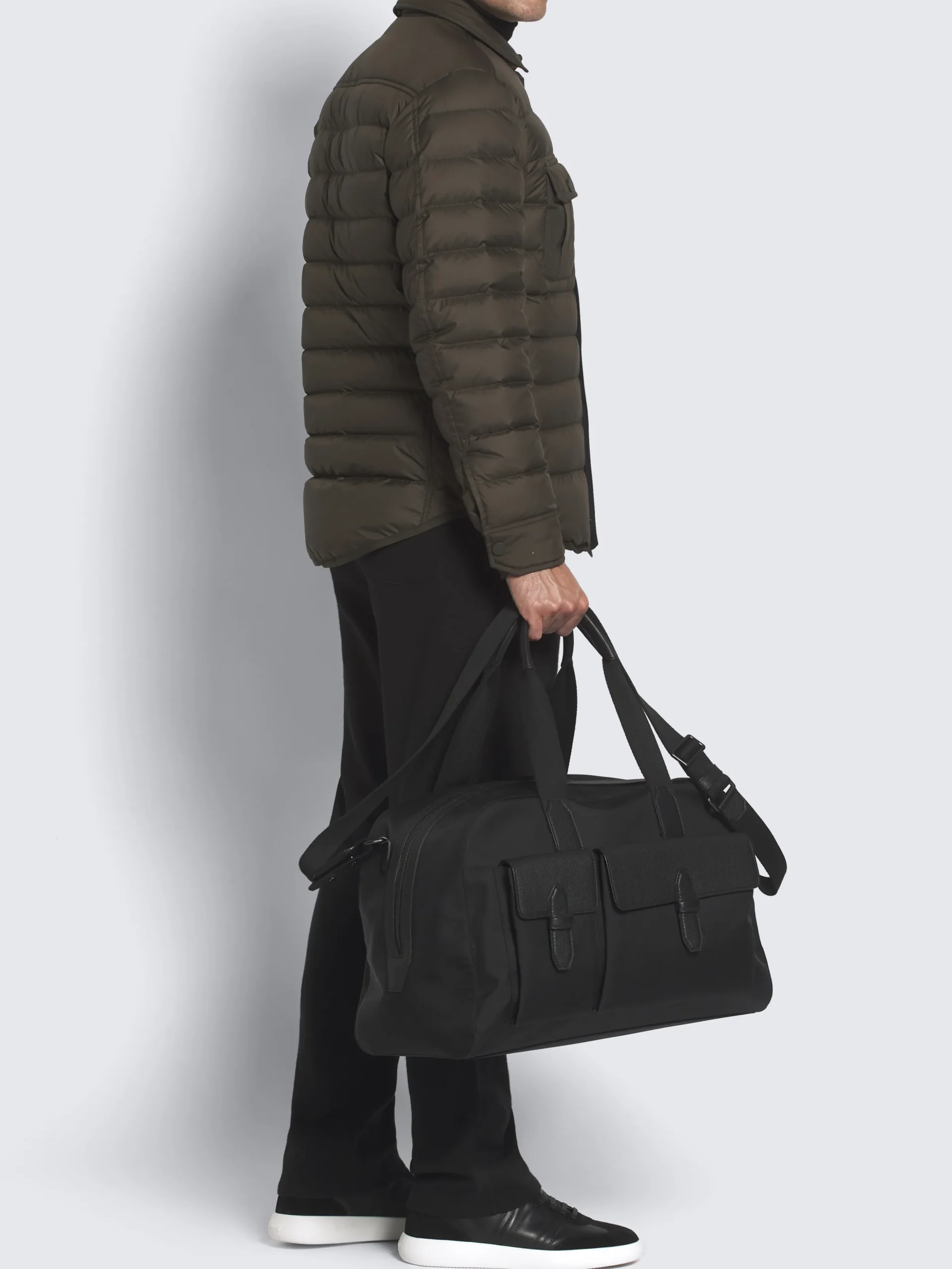 Black nylon and grained leather travel tote