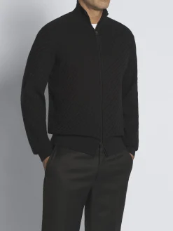 Black organic cotton, silk and cashmere Trama weave full-zip sweater