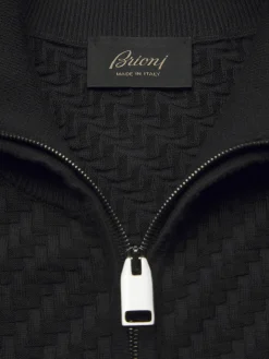 Black organic cotton, silk and cashmere Trama weave full-zip sweater