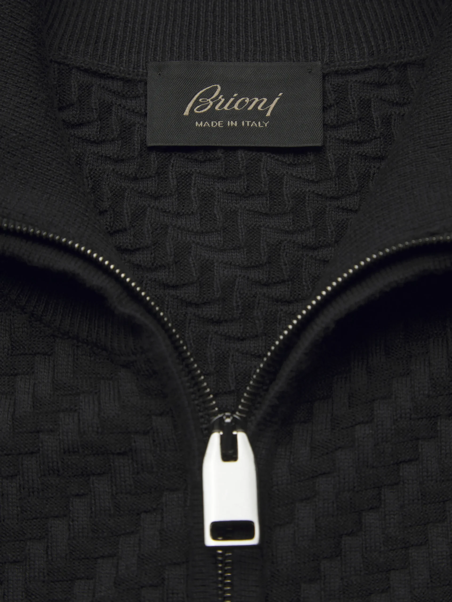 Black organic cotton, silk and cashmere Trama weave full-zip sweater