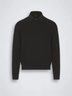 Black organic cotton, silk and cashmere Trama weave polo sweater