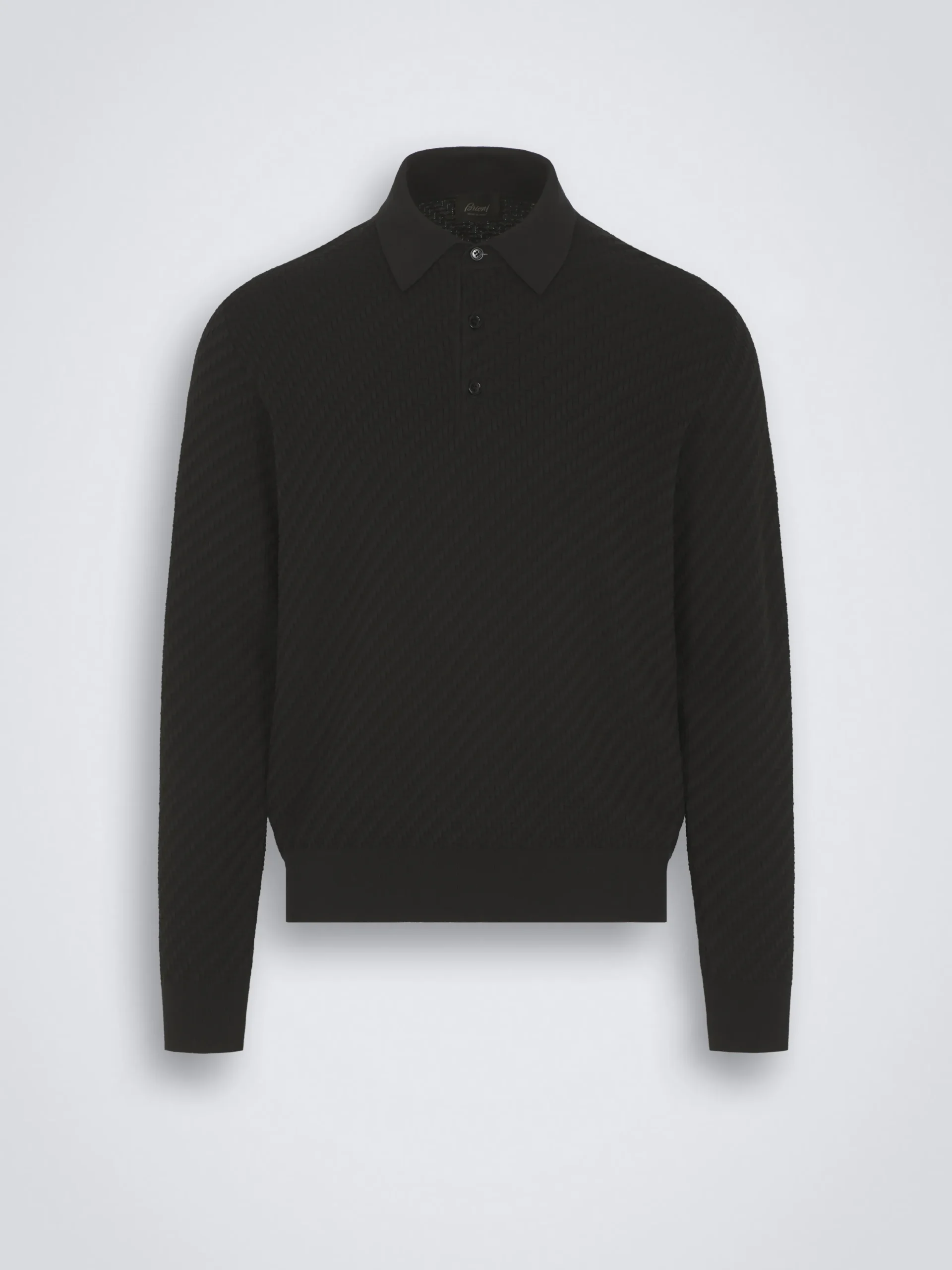 Black organic cotton, silk and cashmere Trama weave polo sweater