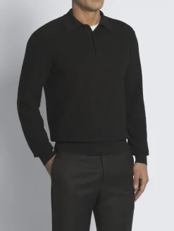 Black organic cotton, silk and cashmere Trama weave polo sweater