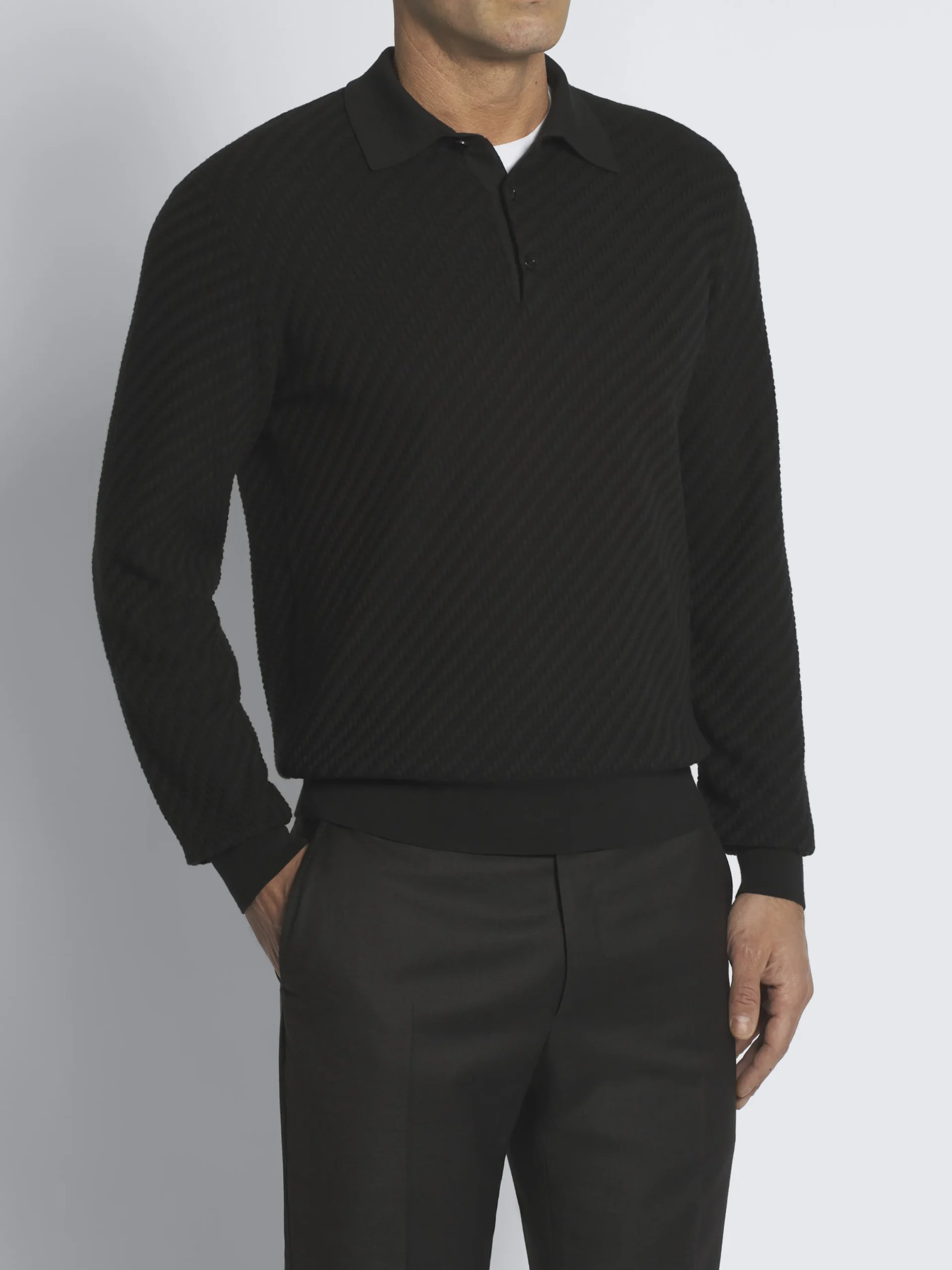 Black organic cotton, silk and cashmere Trama weave polo sweater