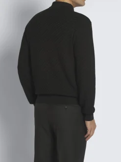 Black organic cotton, silk and cashmere Trama weave polo sweater