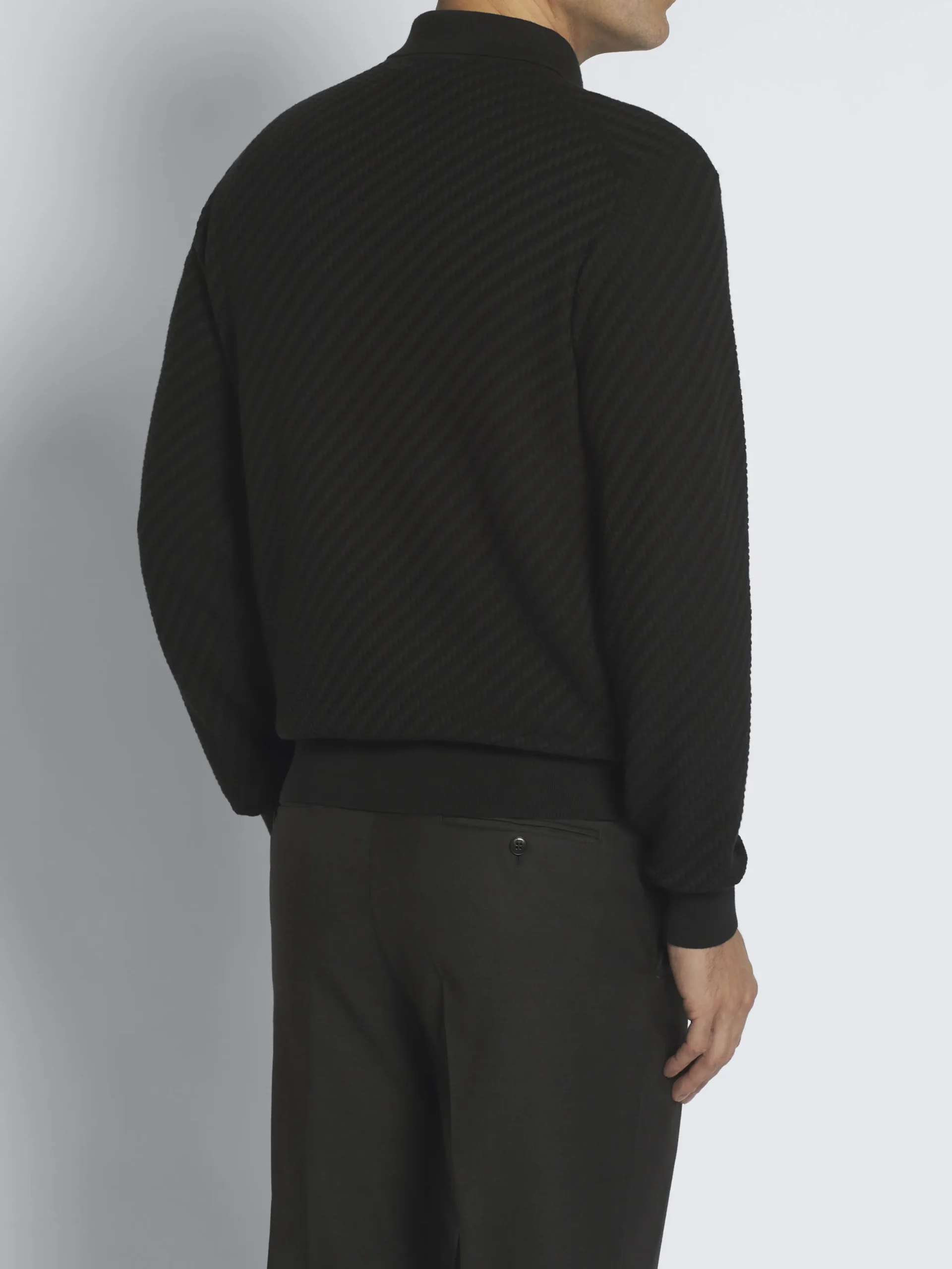 Black organic cotton, silk and cashmere Trama weave polo sweater