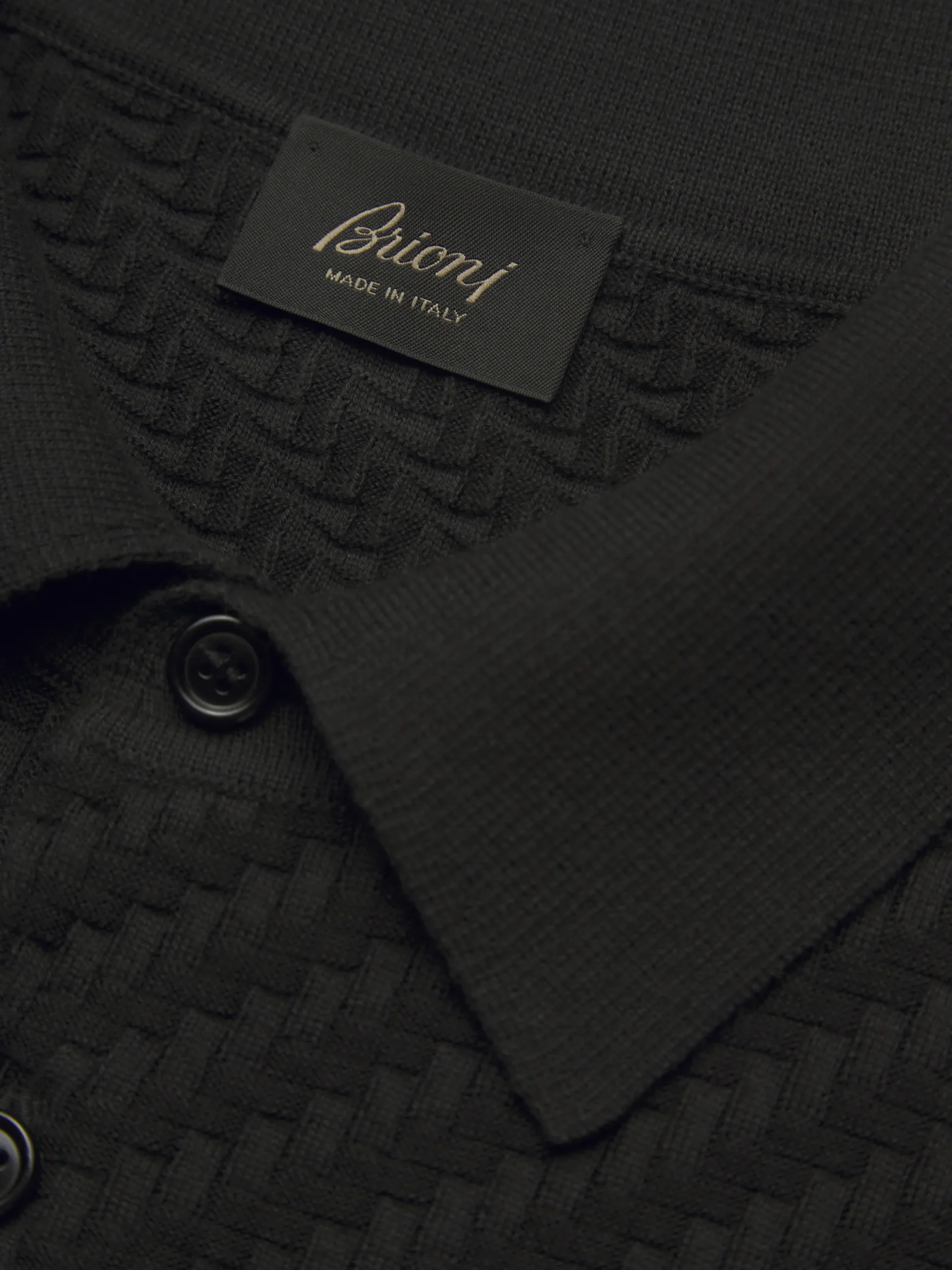 Black organic cotton, silk and cashmere Trama weave polo sweater