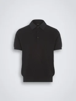 Black organic cotton, silk and cashmere Trama weave polo