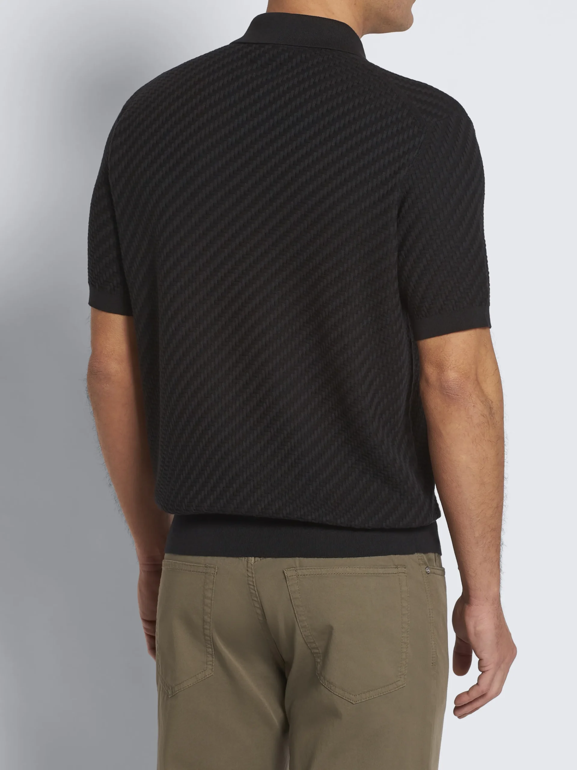 Black organic cotton, silk and cashmere Trama weave polo
