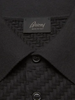 Black organic cotton, silk and cashmere Trama weave polo