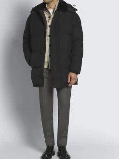 Black technical wool and nylon long puffer