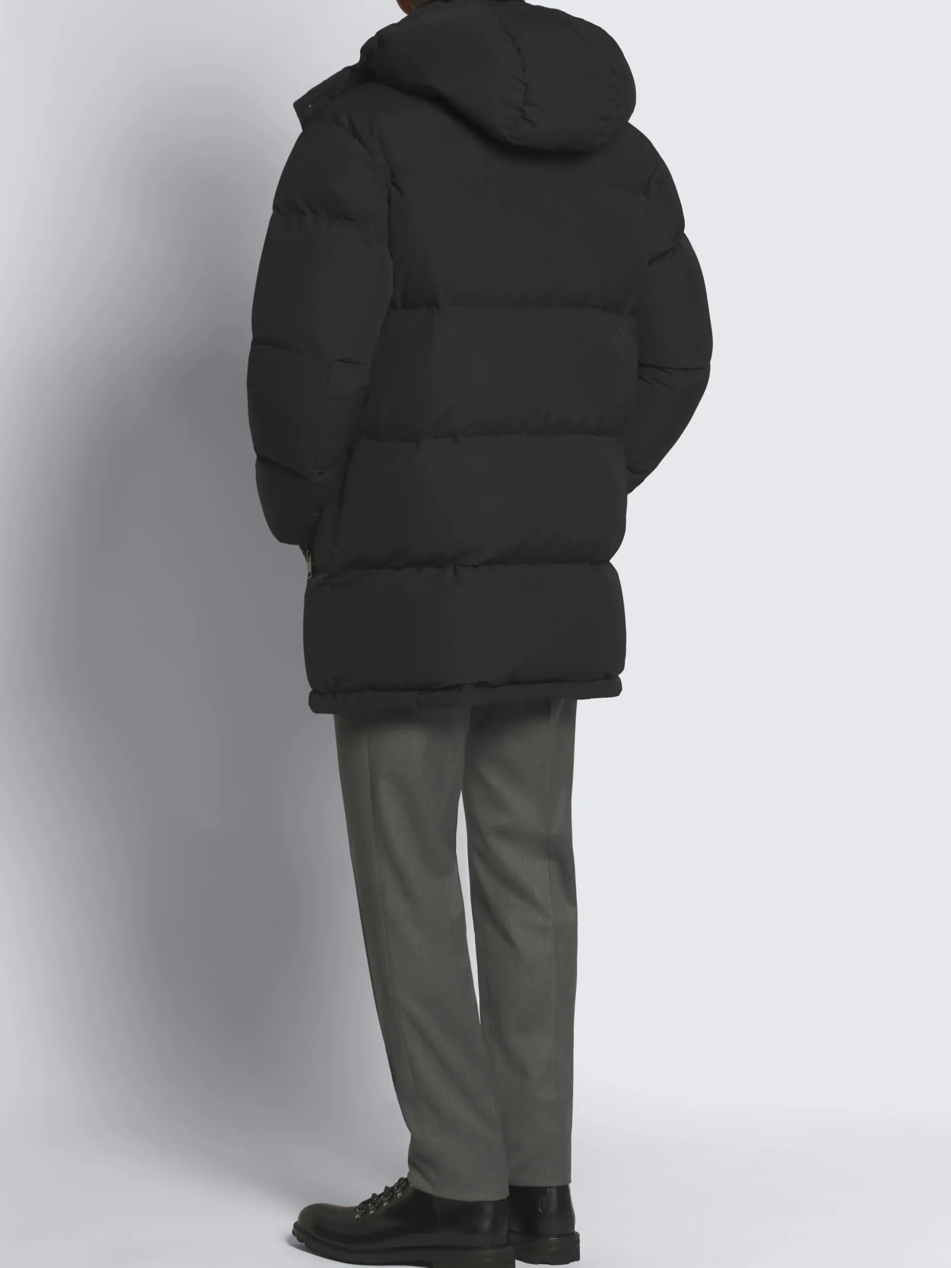 Black technical wool and nylon long puffer