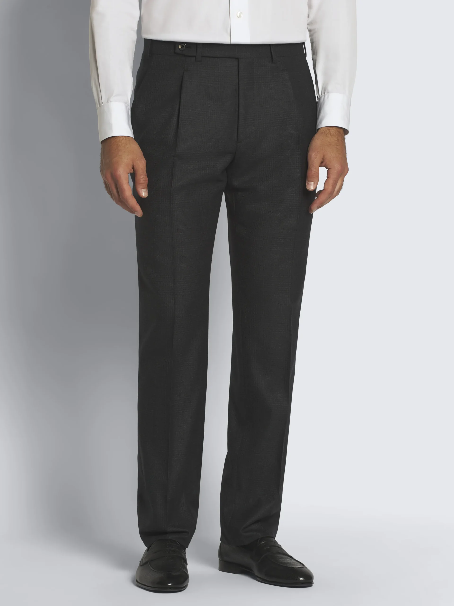 Charcoal grey glen plaid Super 150's responsible wool flannel Plume suit