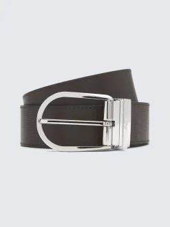 Dark brown and black calf and grained leather reversible belt