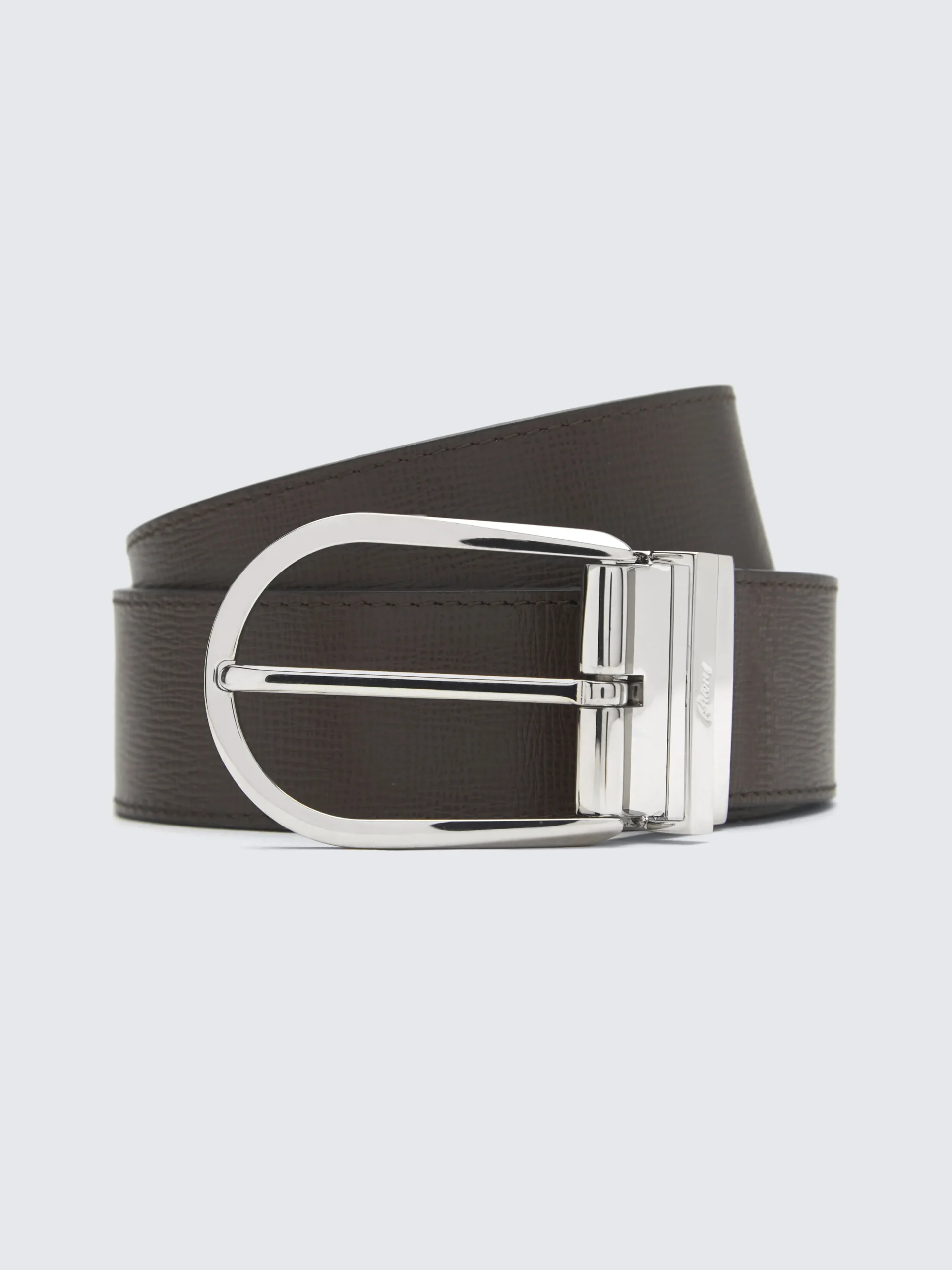 Dark brown and black calf and grained leather reversible belt