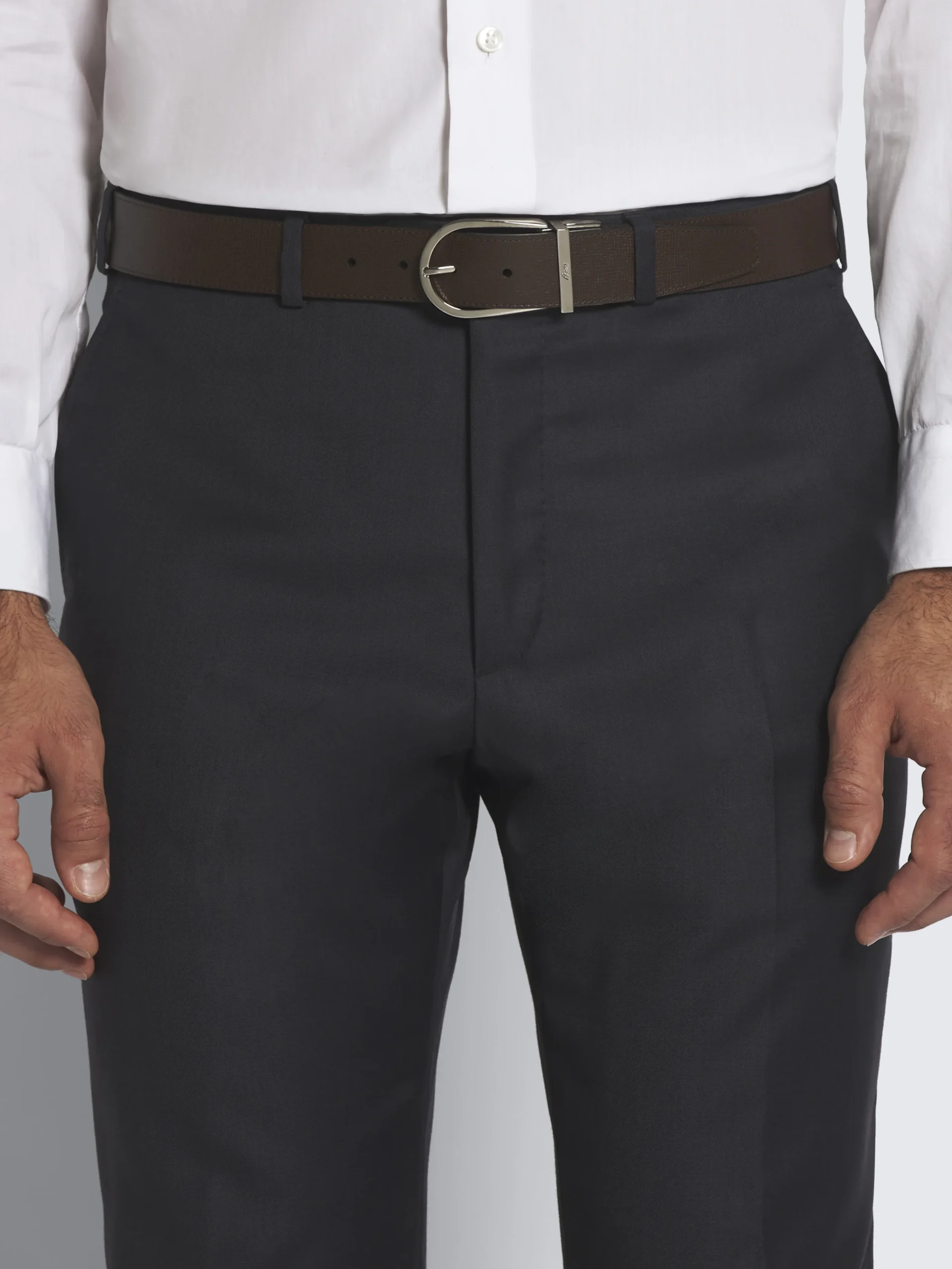 Dark brown and black calf and grained leather reversible belt