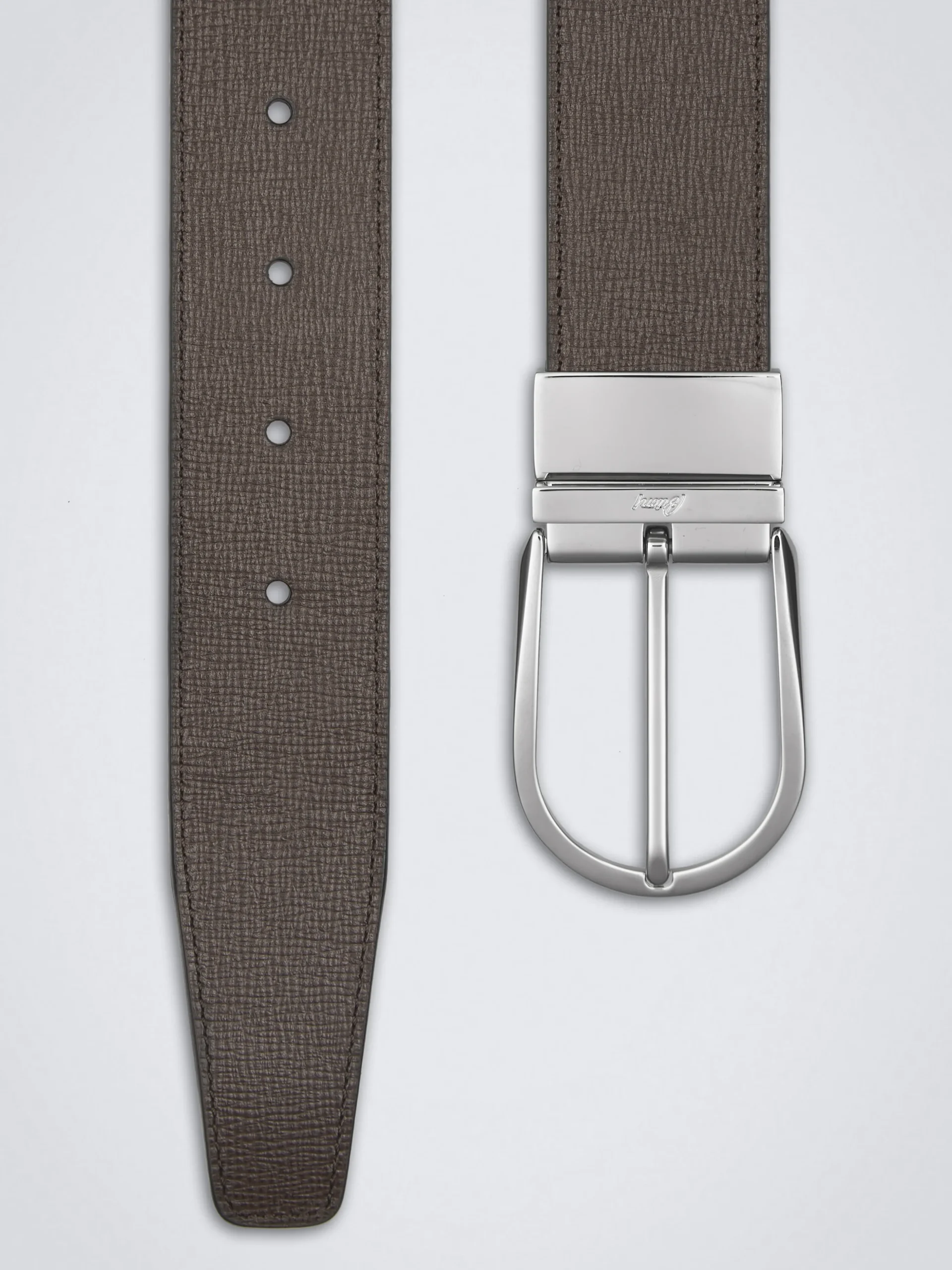 Dark brown and black calf and grained leather reversible belt