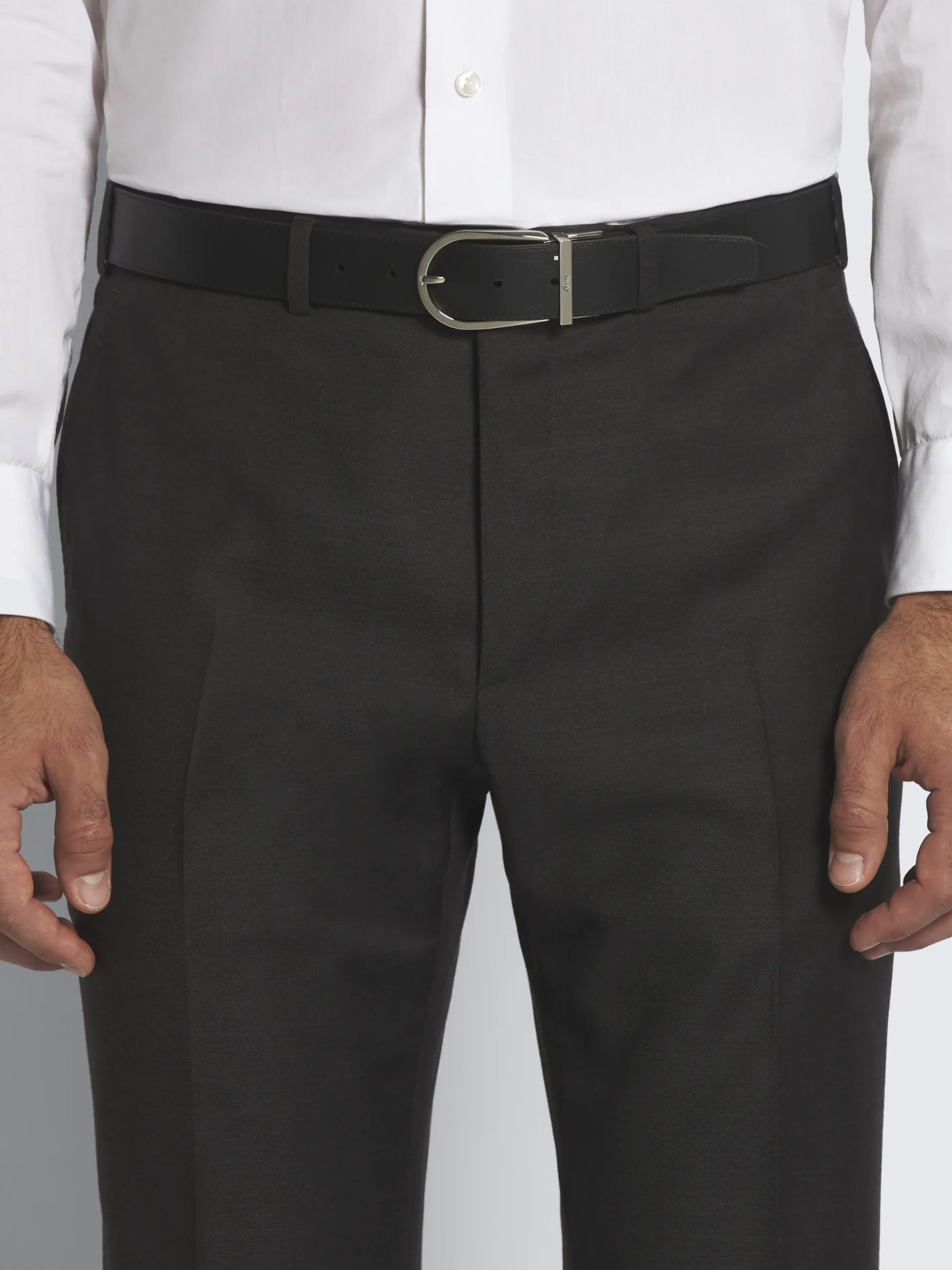 Dark brown and black calf and grained leather reversible belt